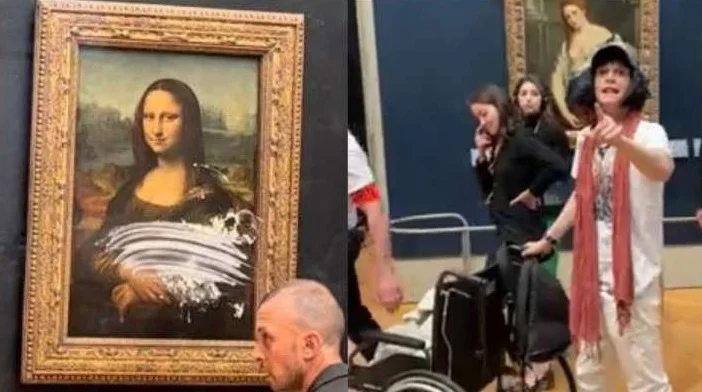 'পৃথিবীর কথা ভাবুন', এই কথা বলেই হুইল চেয়ার থেকে লাফিয়ে উঠে 'মোনালিসা'র ছবিতে কেক ছুড়লেন ব্যক্তি