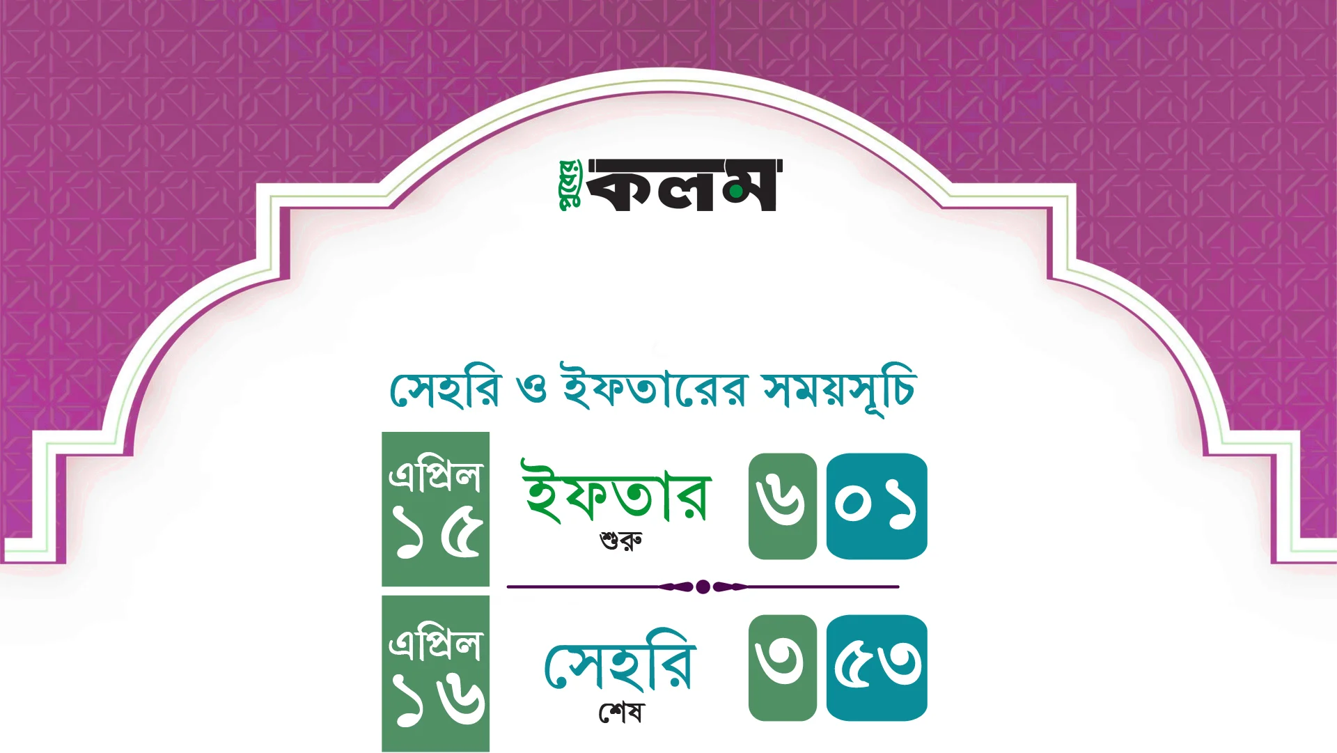 আজকের ইফতার ও আগামীকালের সেহরির সময়সূচী