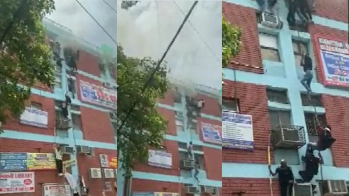 দিল্লিতে বহুতলের কোচিং সেন্টারে আগুন, প্রাণ বাঁচাতে দড়ি ধরে নামল পড়ুয়ারা