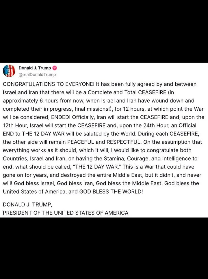 ইরান-ইসরাইলের সংঘর্ষ বিরতি ঘোষণা ট্রাম্পের 