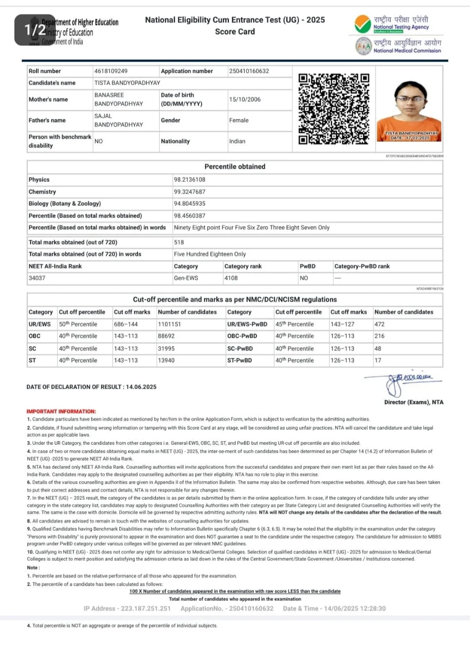 সর্বভারতীয় মেডিকেল এন্টান্স পরীক্ষায় সফল জয়নগরের বহড়ুর মেধাবী ছাত্রী তিস্তা