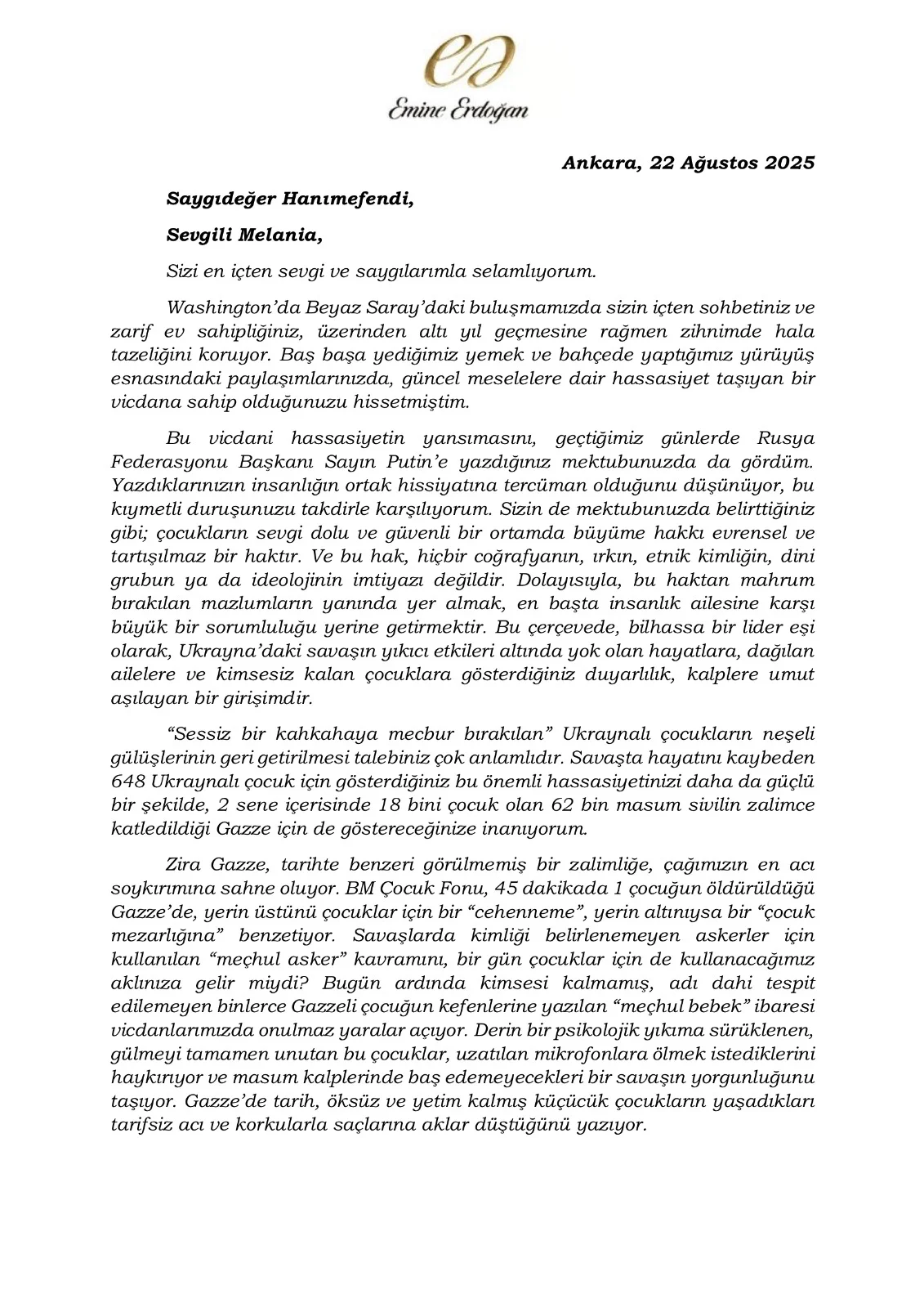 Gaza: গাজার শিশুদের জন্য মেলানিয়াকে চিঠি এমিন এরদোগানের