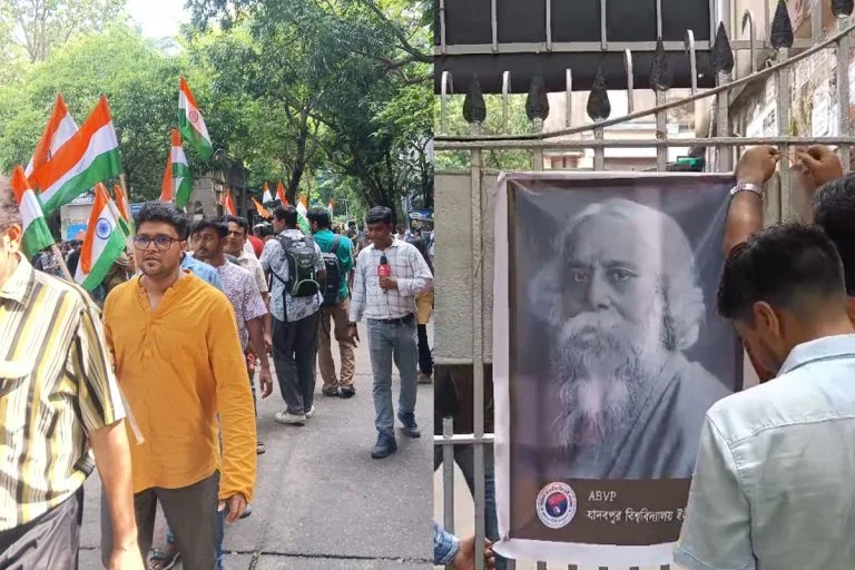 যাদবপুরে এবিভিপি-র ‘বন্দে মাতরম’ যাত্রা, বিশ্ববিদ্যালয়ের বাইরে পালটা মিছিলে এসএফআই
